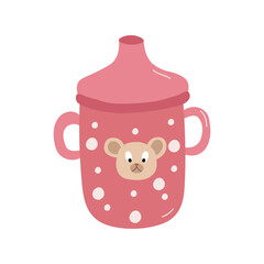 Baby cup bottle isolated on white background. Baby sippy reservoir pink with dots and bear head, drinking bowl with milk or juice with two handles vector illustration