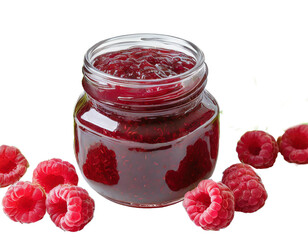 A jar with raspberry jam surrounded by raspberry fruits on a transparent background