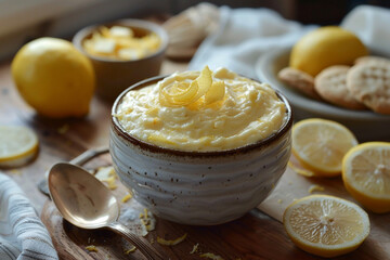 Pot of homemade lemon curd with melting moment biscuits and lemon buttercream