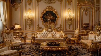 luxurious gold interior. luxury rich sitting room interior with antique expensive furniture in baroque style. - obrazy, fototapety, plakaty