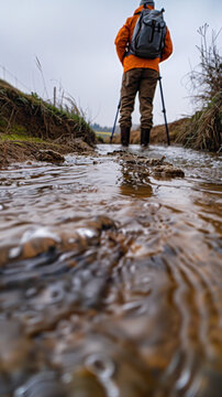 A Hydrologist Conducting field surveys and investigations to assess watershed conditions and potential risks of floods or droughts, realistic people photography