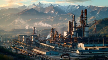 Large industrial metallurgical and chemical plant surrounded by mountains - obrazy, fototapety, plakaty