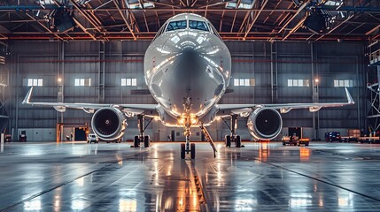 Large passenger aircraft on service in an aviation hangar - obrazy, fototapety, plakaty