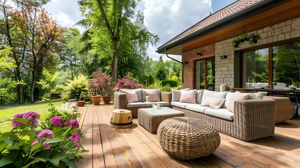 Large terrace patio with rattan garden furniture in the garden on wooden floor