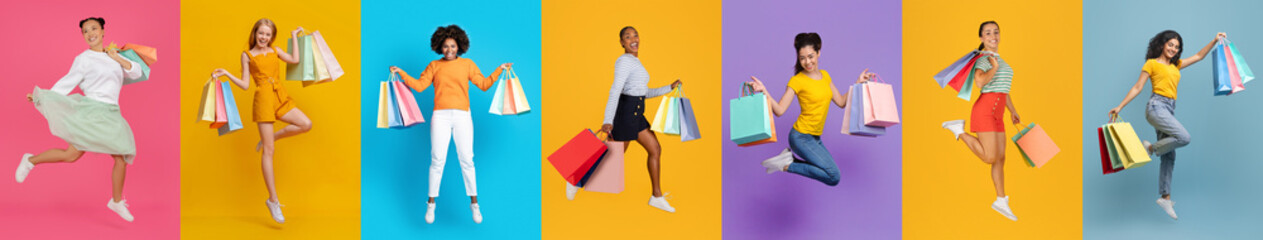 Joyful Shopaholic Ladies With Colorful Bags Leaping Against Vibrant Backdrops