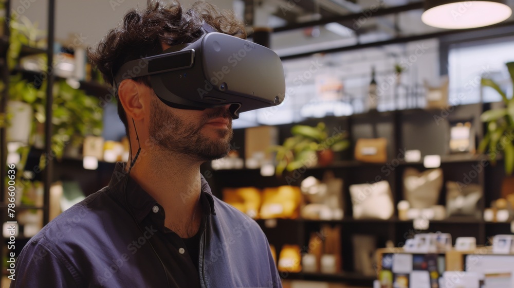 Poster man trying virtual reality headset in store