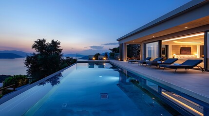 Luxurious villa with private infinity pool and chaise lounges at summer in dusk