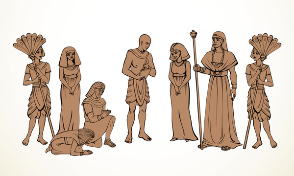 Vector drawing. Egyptian man bow befor pharaoh