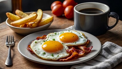 A plate of bacon and eggs sits on a wooden table next to a cup of coffee