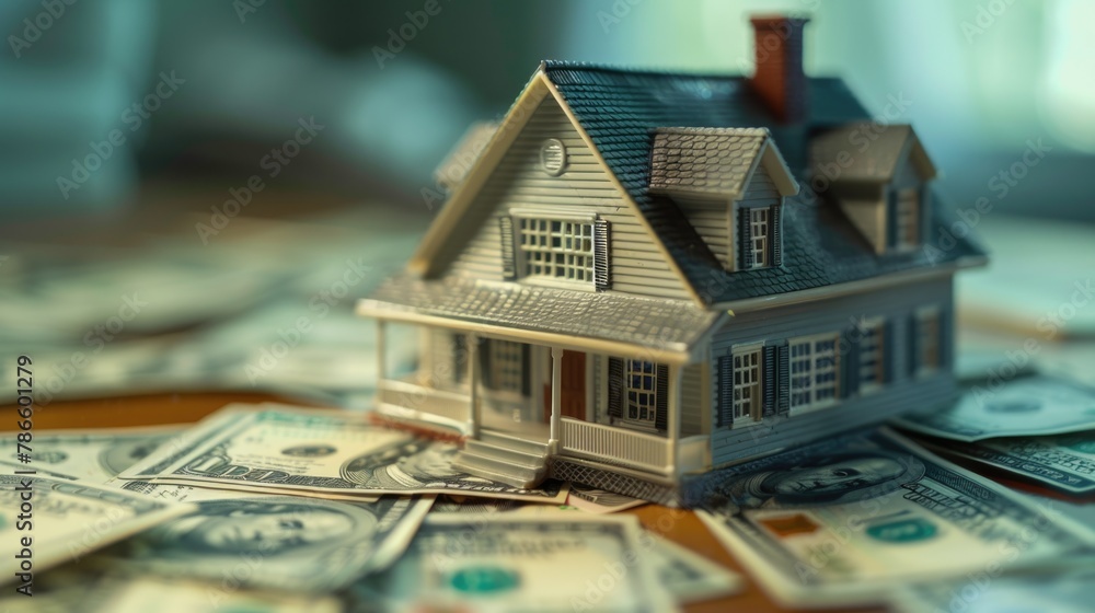 Poster model house placed on top of a stack of money, suitable for financial concepts