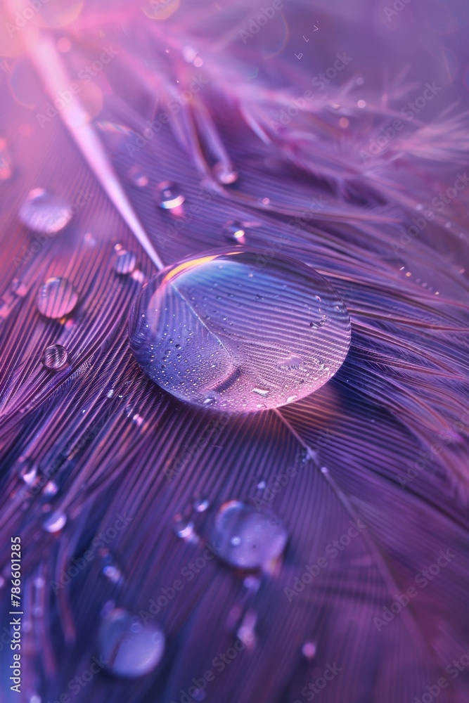 Poster A single water drop resting on a delicate feather. Perfect for nature or macro photography projects