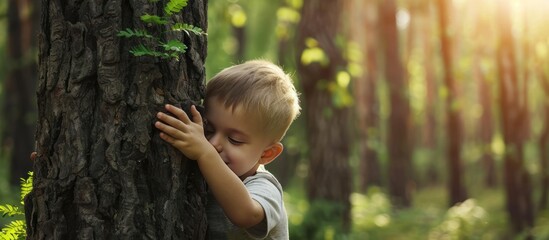 Child hugging a tree in the outdoor