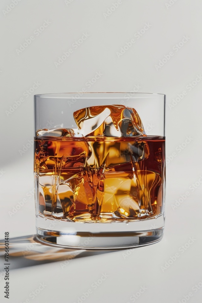 Sticker A glass of whiskey with ice on a table. Ideal for bar and restaurant concepts