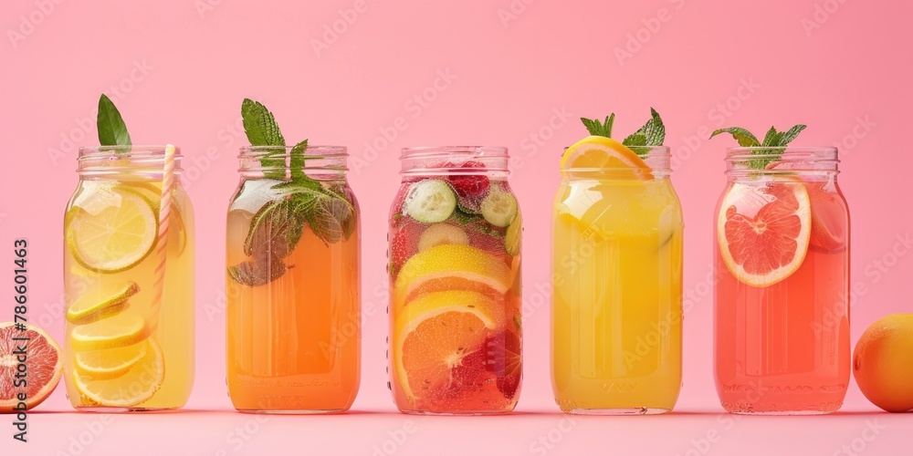 Poster row of jars filled with different types of fruit. great for food and beverage concepts