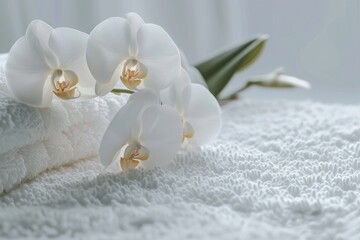 A white towel placed on a bed next to a flower. Suitable for home decor themes