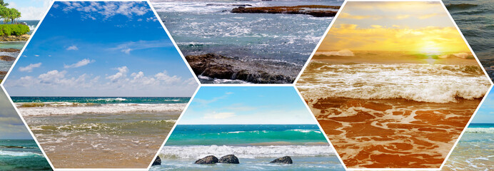 Tropical beaches of the Indian Ocean. Beautiful vacation collage. Wide photo.
