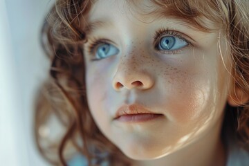 Close-up of a child with adorable freckles. Perfect for beauty or childhood themes - obrazy, fototapety, plakaty