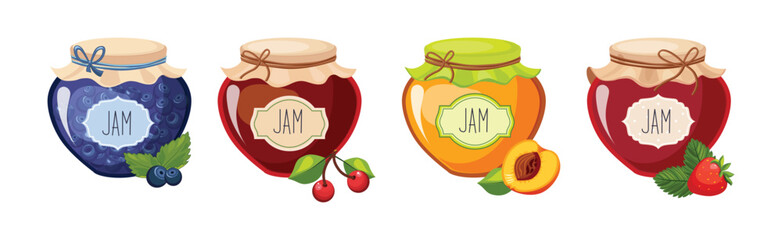 Jam Jar with Label and Sweet Canned Fruit Vector Set