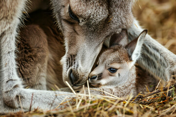 A mother kangaroo is holding her baby kangaroo