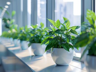 A Row of Office Plants Lining Windowsill Bringing Greenery Indoors in Natural Light