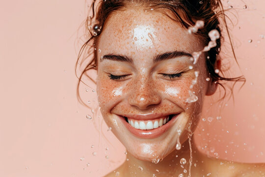 skin moisturizing and hydration concept. smiling woman with freckles and eyes closed and water splash around the face on light pink background
