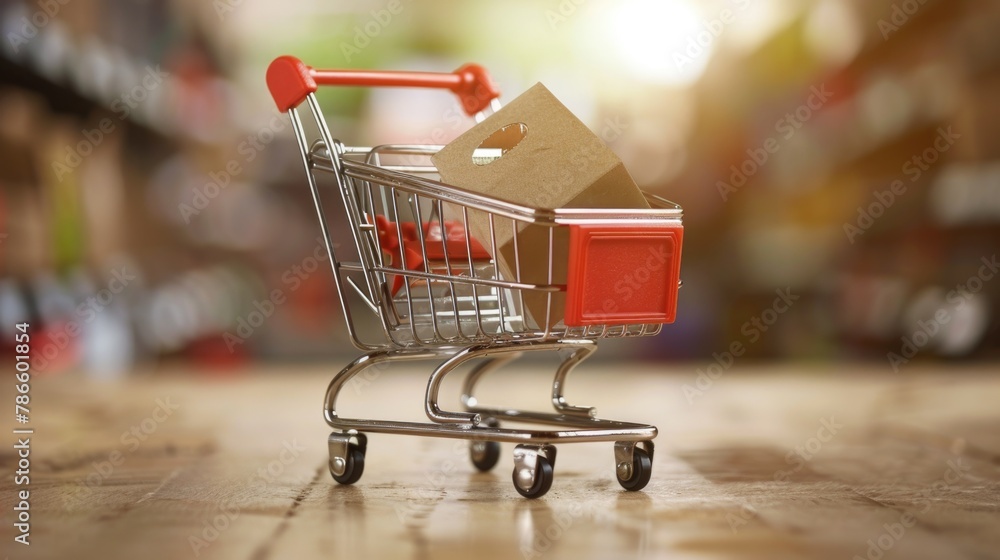 Poster a shopping cart filled with boxes on a wooden floor. perfect for retail and delivery concepts