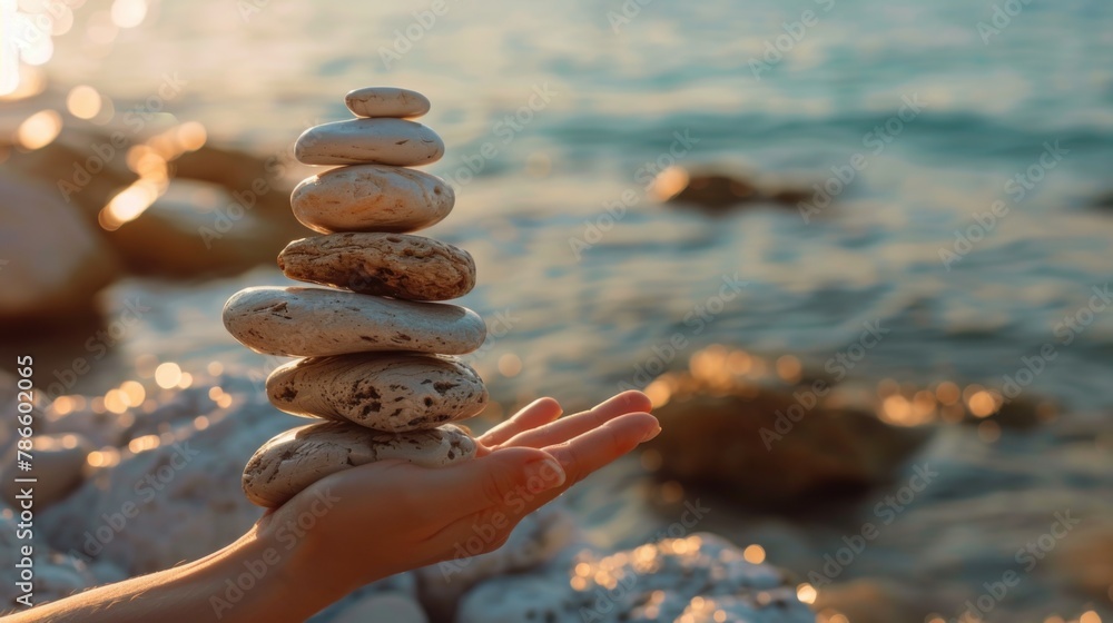Poster a person holding a stack of rocks near the ocean. suitable for nature and relaxation themes