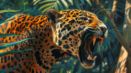 A jaguar is shown in a forest with its mouth open and teeth bared - obrazy, fototapety, plakaty