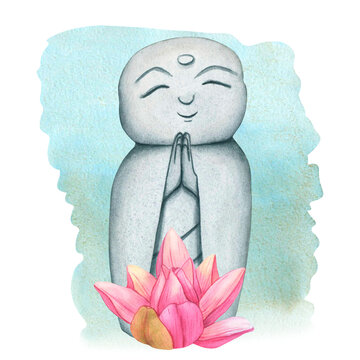 Jizo Bosatsu monk and Buds Pink Lotus from the Japanese Garden. Hand drawn watercolor illustration of Japanese Stone buddha Monk statue. Prayer Statue and tropical Water Lily. Smiling Buddha Figurine