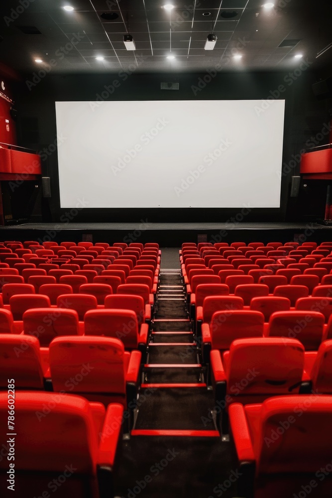 Poster An empty theater with red seats and a projector screen. Suitable for entertainment industry concepts