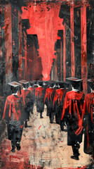 A group of graduates walk down a hallway in red robes - obrazy, fototapety, plakaty