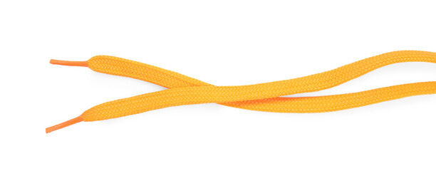 Stylish orange shoe laces isolated on white, top view