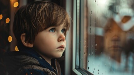 A young boy observing snowfall, suitable for winter themes