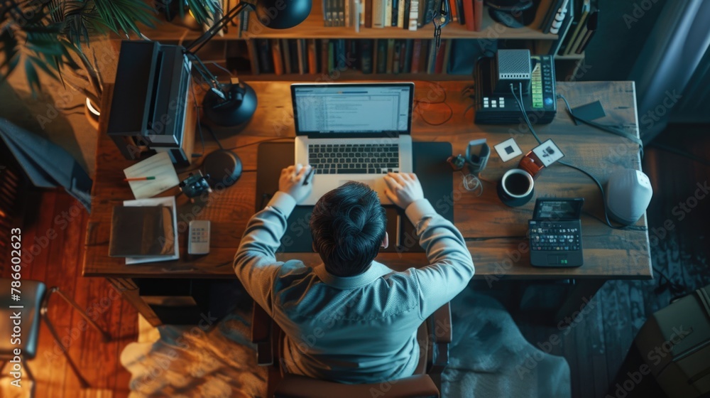 Aufkleber a man sitting at a desk working on a laptop. suitable for business and technology concepts