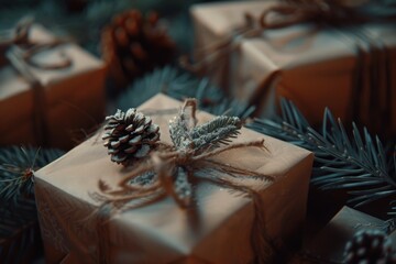 Festive presents wrapped in brown paper and tied with twine and pine cones. Perfect for holiday season decorations