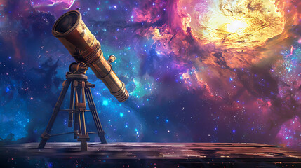 A telescope is set up on a table in front of a colorful sky