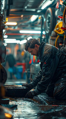 Fototapeta na wymiar A Mechanic Conducting routine maintenance tasks including oil changes, tire rotations, brake inspections, and fluid replacements, realistic people photography