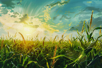 Fototapeta na wymiar A field of corn is shown with the sun shining on it