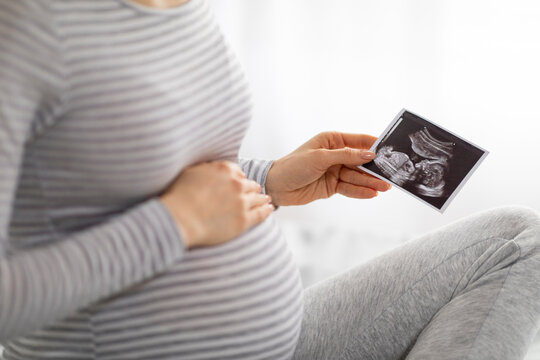 Pregnant woman holding sonogram of baby, cropped