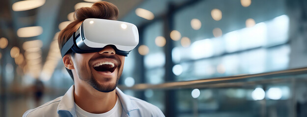 A man laughs while experiencing virtual reality in a modern space. His joy is palpable as he engages with immersive digital content, standing in a contemporary setting.
