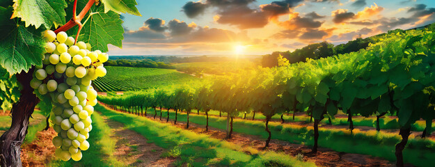 Grapes hang in a vineyard at sunset, highlighting the richness of the wine country. The golden hour...