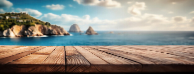 Wooden planks overlook a serene sea with rocky cliffs in the distance. Seascape view is clear,...