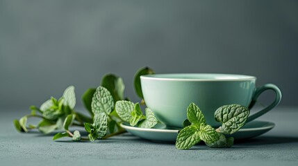 a tea ceremony as you photograph a delicate porcelain tea cup surrounded by aromatic mint leaves on a natural wooden table.