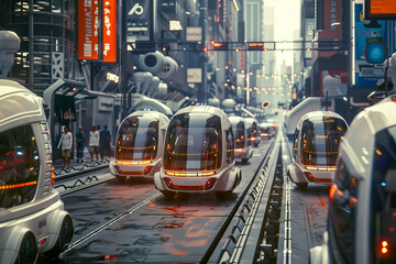 Obraz premium A futuristic city with a lot of traffic and a lot of people walking around