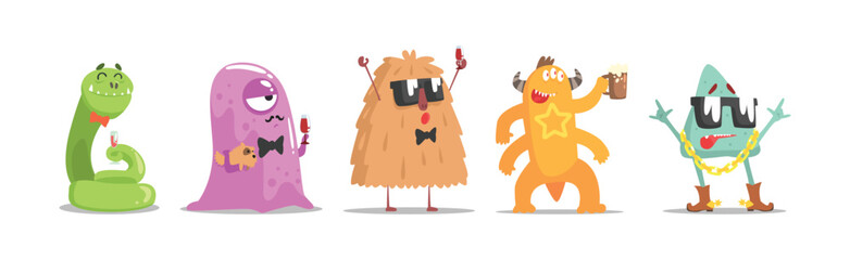 Funny Monster Character as Toothy and Hairy Mutant with Friendly Face at Party Vector Set