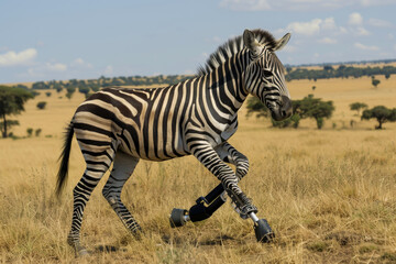 Naklejka premium A zebra with a prosthetic leg is running through a field