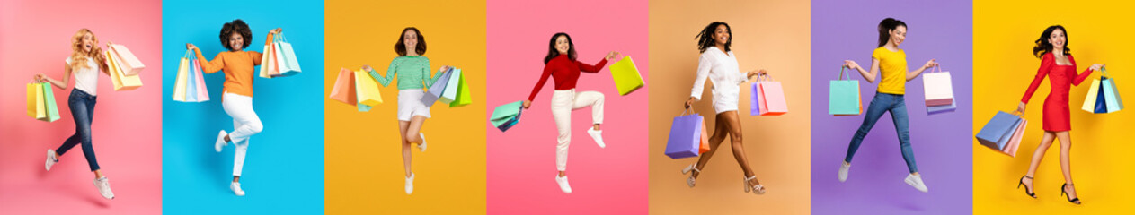 Vibrant Collage With Happy Women Joyfully Jumping With Shopping Bags