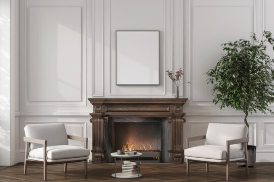 framed poster mockup. In a modern living room interior with a fireplace and armchairs