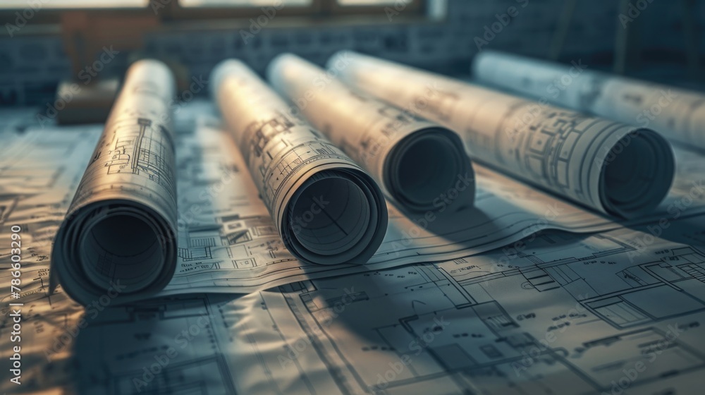 Poster a bunch of rolls of paper on a table. suitable for office or creative workspaces