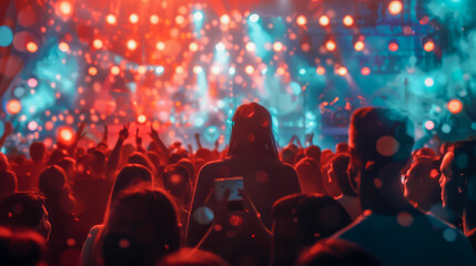 A crowd of people are at a concert - obrazy, fototapety, plakaty
